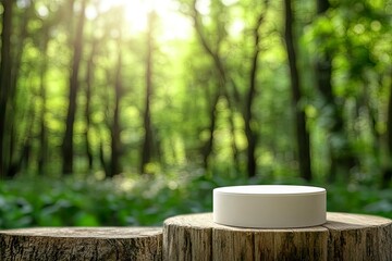Fototapeta premium product podium in nature outdoors forest blurred green background. natural product placement, pedestal stand display, spring or summer cosmetics concept, ai
