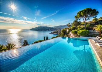 Obraz premium French Riviera in the morning where a luxury resort's infinity pool seems to blend into the turquoise Mediterranean Sea