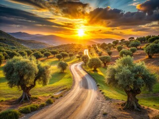 Obraz premium A rural road winds its way through a valley, lined with gnarled olive trees that seem to hold the secrets of the ages as the sun dips below the horizon.