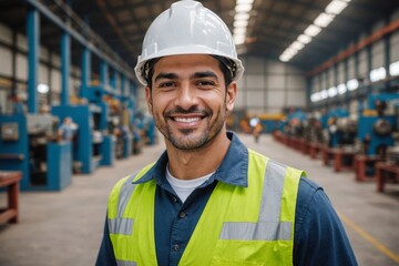 Portrait  smiling Professional mechanical engineering hispanic male in white safety hard hat helmet and look at camera at metal factory