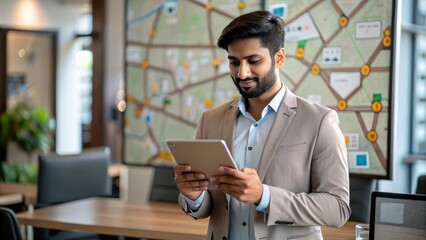An Indian logistics professional using a digital map to track deliveries, set in a modern office environment.