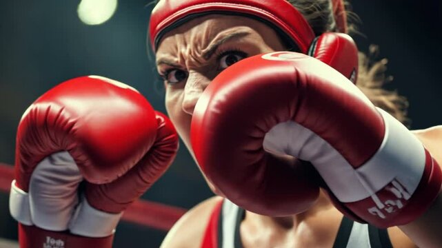 A female boxing referee in the middle of a boxing match, making a decisive call, with intense focus