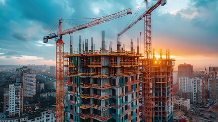 Construction site development and tower cranes City building architecture development industry engineering build equipment structure