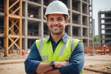 portrait of  smiling engineer or worker in safety equipment vest and helmet standing with crossed arms while inspect and discuss the infrastructure of building construction progress at site