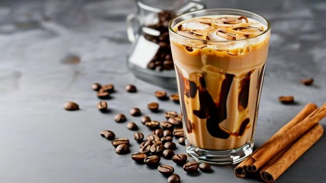 Iced coffee in a clear glass with coffee beans and cinnamon sticks, isolated on a gray background.