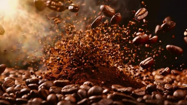 Coffee roasted aroma bean fly explosion for texture and background.