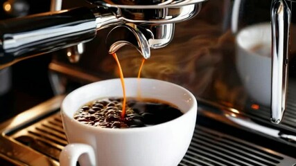 Coffee is pouring from the coffee machine into a white cup.