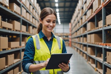  smiling Woman warehouse worker using digital tablets to check the stock inventory.