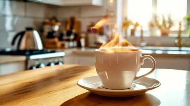 Hot coffee in a white cup on a saucer on a bright modern kitchen morning background.