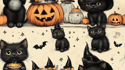 Adorable doodle-style seamless pattern featuring black cats in tiny witch hats, stirring bubbly cauldrons with potions, surrounded by magical stars, bats, and pumpkins, soft autumn tones,