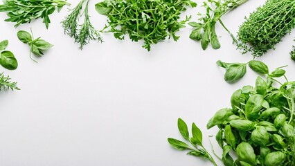 Obraz premium Organic herbs and greens like basil, dill, and arugula on white background with ample copy space. Fresh garden herbs concept.