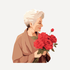 Elderly woman holding red roses