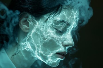 Cybernetic cognitive evolution and cognitive robotics woman with ethereal face morphing into smoke symbolizing technological transformation and evolution
