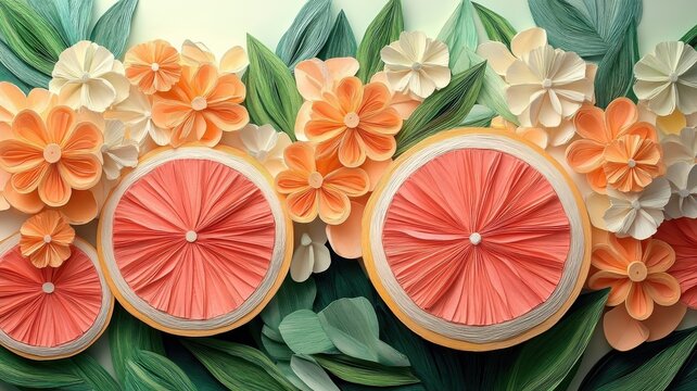 Grapefruit illustrated in a paper art style with layered textures and vibrant citrus hues, creating a tactile and detailed effect.
