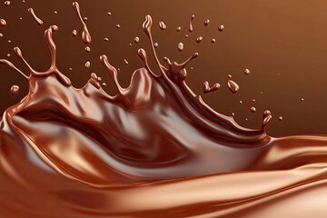 Realistic liquid chocolate long wave splash, enticing with its creamy richness, captures the essence of indulgence in a delectable treat. Isolated 3d vector brown splashing jet with droplets mid, ai