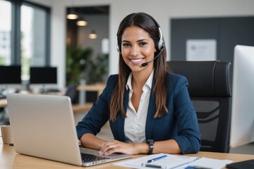 Portrait of  smiling Latin American business woman, office worker looking at camera and smiling, using headset and laptop for remote online communication, customer support tech call center worker