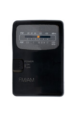 Fototapeta premium Old small FM AM radio black isolated on white background. Vintage.