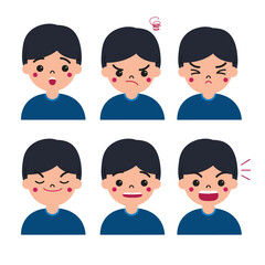 Boy or kid facial expression character. Happiness, anger, smile, shock, fear, joy for illustration and education