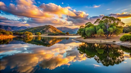 6. Reflections at Lake Cachum, California, USA- A tranquil lake scene partially formed by nature in the evening
