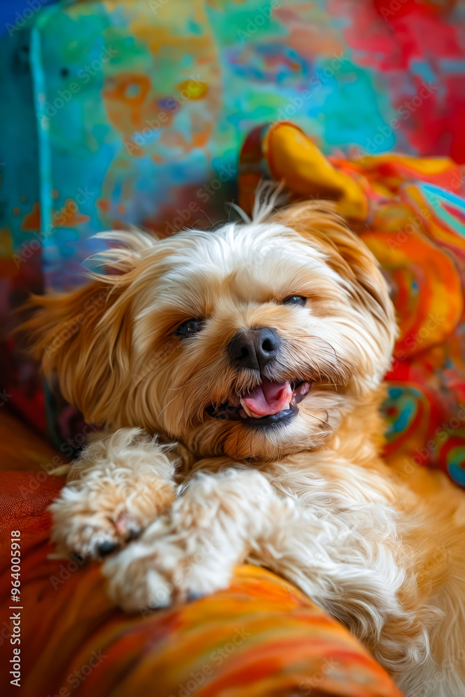 Canvas Prints A small dog laying on top of a colorful couch