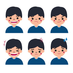 Boy or kid facial expression character. Happiness, anger, smile, shock, fear, joy for illustration and education