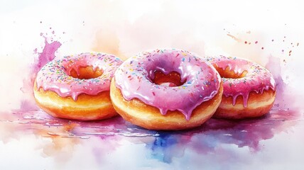 Watercolor style donuts with fluid brushstrokes and soft pastel hues.