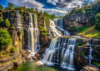 Obraz premium Mac Mac Falls in the afternoon, where the rocky cliffs surrounding the waterfall are covered in intricate, swirling patterns that seem to shift and change as the light fades.