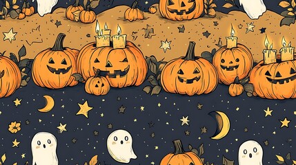 Cute doodle-style seamless pattern featuring a parade of tiny pumpkins with joyful expressions, holding candles, surrounded by stars, moons, and floating ghosts, soft autumn colors,