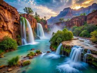 Fototapeta premium Havasu Falls in the evening, with tendrils of mist that take on lives of their own, curling and swirling around the falls like ethereal snakes.
