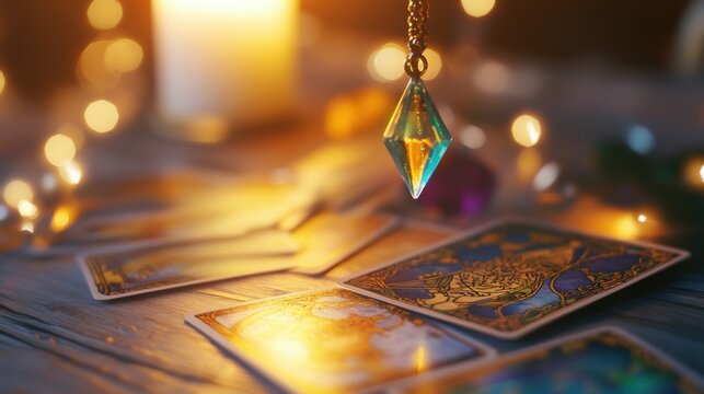 Tarot cards and a pendulum in motion, with detailed tarot cards, a crystal, and soft candlelight