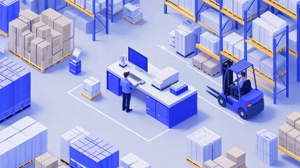 3D illustration of warehouse worker managing inventory and organizing packages in industrial setting using digital tools symbolizing efficiency and logistics management