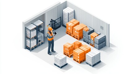 Isometric of warehouse worker scanning packages and managing stock in small storage space symbolizing logistics and inventory management with digital tools