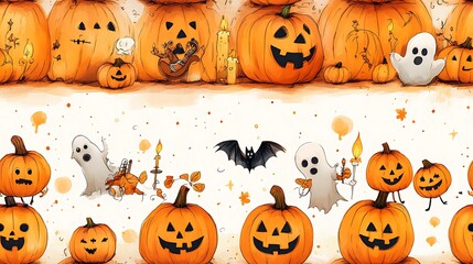 Cute doodle-style seamless pattern of a pumpkin parade, each pumpkin with a unique face, some holding little candles, others playing instruments, with tiny ghosts and bats dancing around, warm,