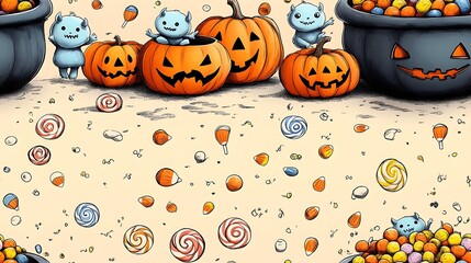 Cute doodle-style seamless pattern of little monsters playing around a cauldron full of candy, with floating candy corn, swirly lollipops, and pumpkins scattered, pastel tones,