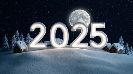 2025 New Year Snowy Landscape With Full Moon