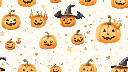 Seamless doodle pattern of a pumpkin parade, with tiny pumpkins holding candles, some with bat wings, others with witch hats, playful curves and floating stars, in a cute, hand-drawn style,