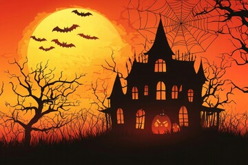 Naklejka premium Halloween, Spooky, Haunted, Scary, Creepy, Ghostly, Dark, Horror, Night, Eerie, Witch, Skull, Graveyard, Jack-o'-lantern, Full moon, Vampire, Zombie, Skeleton, Bats, Foggy, Mystical background image