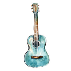 Obraz premium A beautiful blue watercolor acoustic guitar.