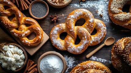 Fresh pretzels with sugar, poppy seeds, and cinnamon.