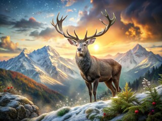 Mountain Majesty featuring a lone, majestic stag, standing atop the mountain, its antlers crowned with glittering, frosty leaves.