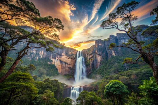 Angel Falls in the evening, surrounded by a forest of towering, sentient trees, their branches intertwined in a gentle, mystical embrace.