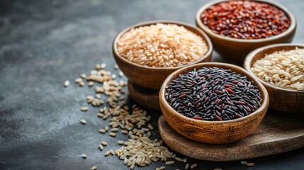 Rice varieties on rustic board: healthy, gluten-free.