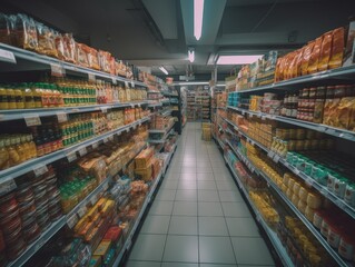 Fototapeta premium Well-Stocked Supermarket Shelves Aisle View