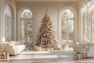 A luxurious Christmas tree adorned with pastel pink and gold ornaments stands in the center of an elegant living room with white walls and large windows