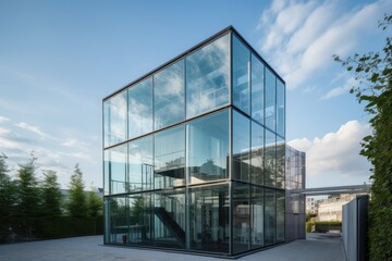 Fototapeta premium Modern Glass Building with Open Sky Reflection
