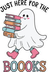 Just Here for the Booooks Cute Ghost Illustration with Stack of Books and Pink Boots. Fun Halloween and Book Lover Design in Playful, Hand-Drawn Style. Perfect for Bookworms, Fall, and Halloween Decor