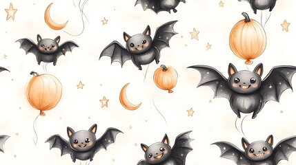 Whimsical doodle-style seamless pattern of happy bats floating with tiny pumpkin balloons, surrounded by twinkling stars and crescent moons, soft pastel tones, perfect for Halloween decorations,