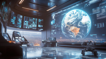 Futuristic Control Room with Holographic Earth Display, Digital Screens, Blue Lighting, and Workstations, Showcasing Advanced Technology and High-Tech Environment for Space Exploration