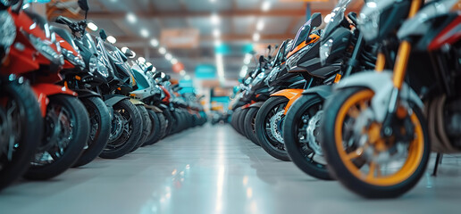A row of motorcycles parked in a showroom. The motorcycles are all different colors and models.