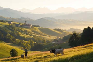 Obraz premium A farmer tending to cattle in a serene mountainous landscape during golden hour at a countryside farm in the early morning